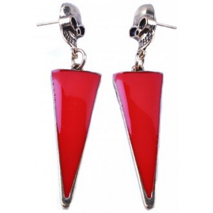 Antique Bronze Red Triangle Skull Stud Earring